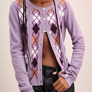 FP We The Free Argyle Cardigan Lavender Diamond Knit Cashmere Wool Cotton Small